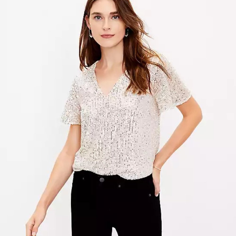 Loft Silver Sequin Flutter Sleeve Top